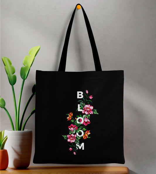 Bloom Printed Black Tote Bag (14 X 16 Inches) For Shopping, College, Travel