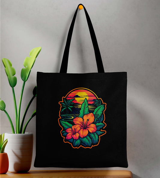 Beautiful Sunset Printed Black Tote Bag (14 X 16 Inches) For Shopping, College, Travel