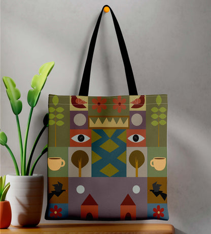 Abstract Design Printed Black Handle Tote Bag (14 X 16 Inches) For Shopping, College, Travel
