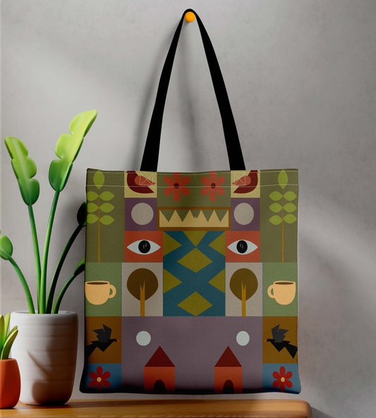 Abstract Design Printed Black Handle Tote Bag (14 X 16 Inches) For Shopping, College, Travel