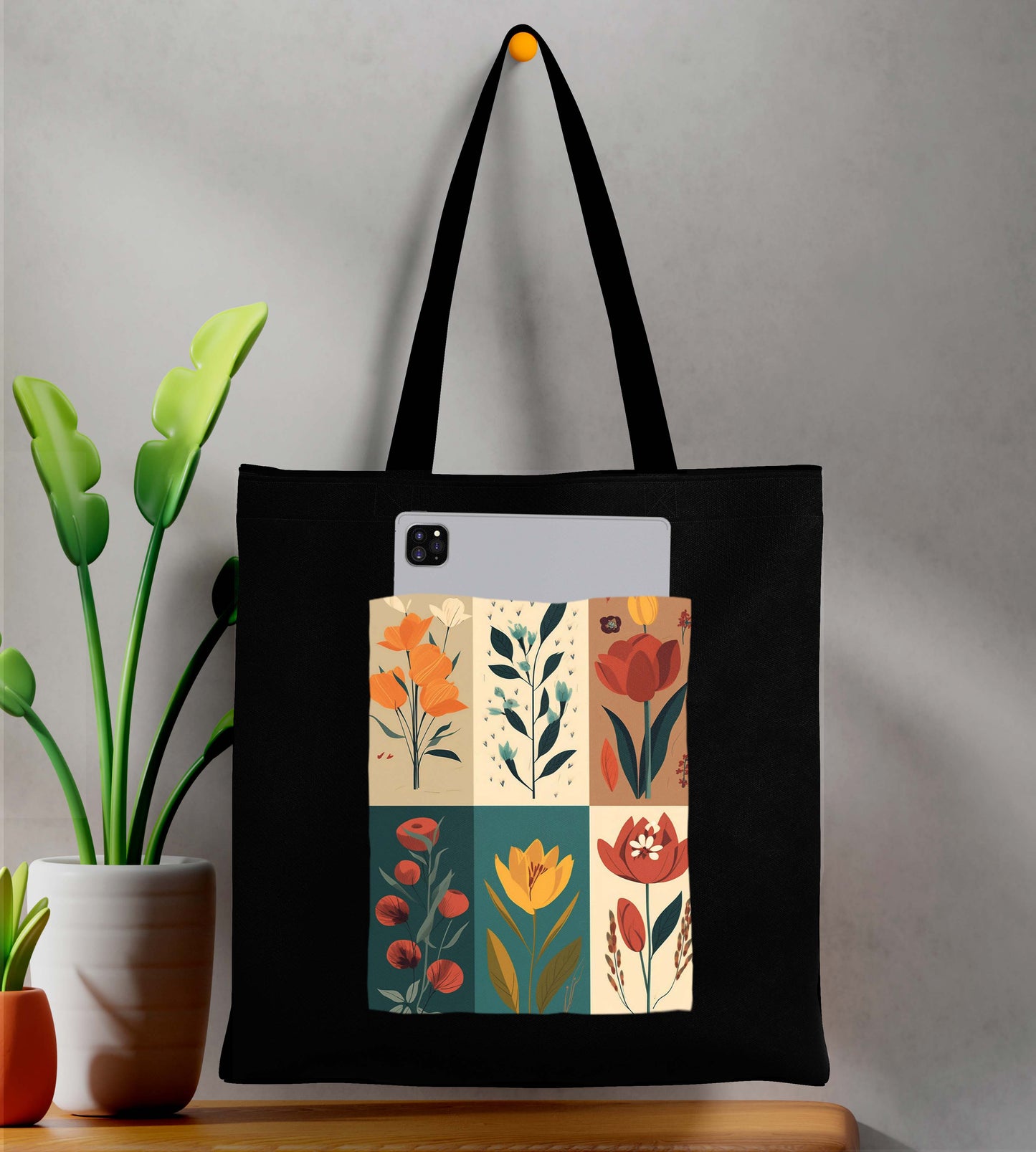 Flower art Design Printed Black With Pocket Tote Bag (14 X 16 Inches) For Shopping, College, Travel