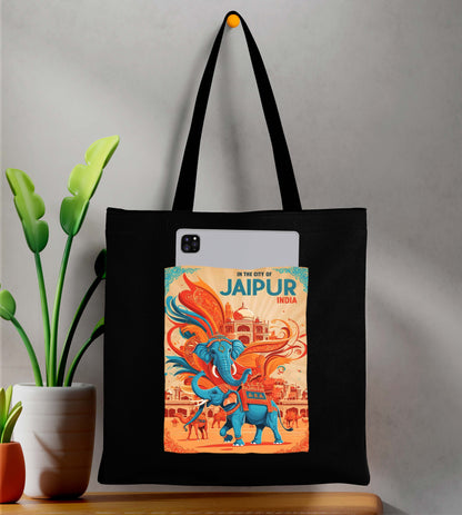 Jaipur India Design Printed Black With Pocket Tote Bag (14 X 16 Inches) For Shopping, College, Travel