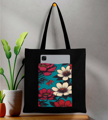 Flower 2 Design Printed Black With Pocket Tote Bag (14 X 16 Inches) For Shopping, College, Travel