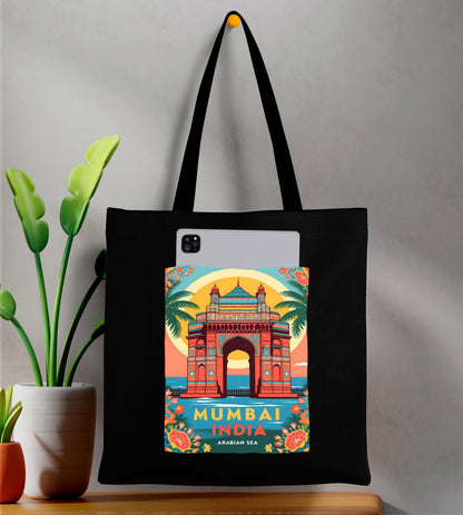 Mumbai India Design Printed Black With Pocket Tote Bag (14 X 16 Inches) For Shopping, College, Travel