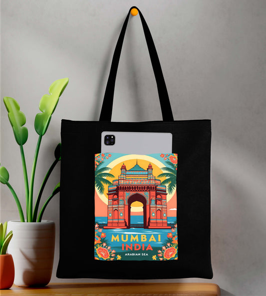 Mumbai India Design Printed Black With Pocket Tote Bag (14 X 16 Inches) For Shopping, College, Travel