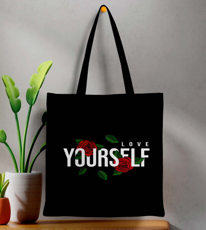 Love Yourself Printed Black Tote Bag (14 X 16 Inches) For Shopping, College, Travel