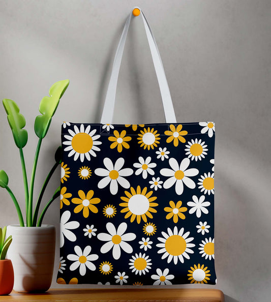 Sunflower Flower White Printed Tote Bag (14 X 16 Inches) For Shopping, College, Travel