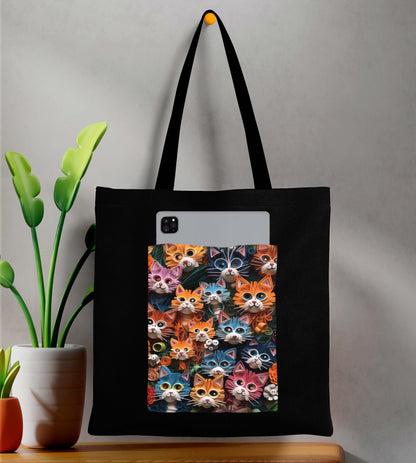 Cats Design Printed Black With Pocket Tote Bag (14 X 16 Inches) For Shopping, College, Travel