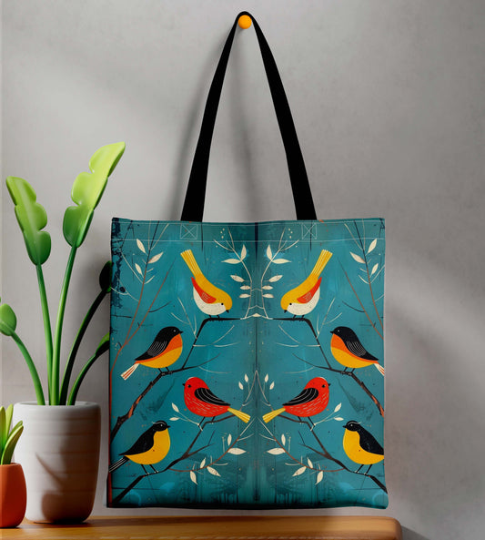 Birds Black Handle Tote Bag (14 X 16 Inches) For Shopping, College, Travel