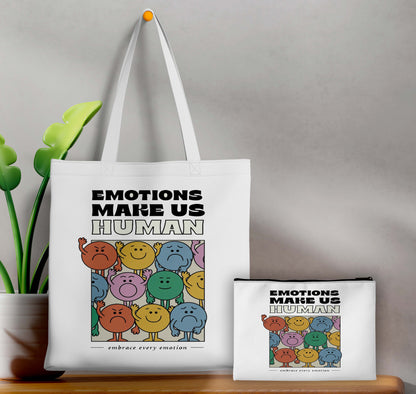 Emotions Makes Human Printed Design Tote Bag with Pouch Bag (14 X 16 Inches) For Shopping, College, Travel