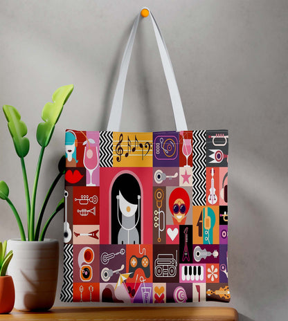 Abstract Music White Printed Tote Bag (14 X 16 Inches) For Shopping, College, Travel
