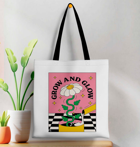 Grow and Glow  Printed Black Handle Tote Bag (14 X 16 Inches) For Shopping, College, Travel