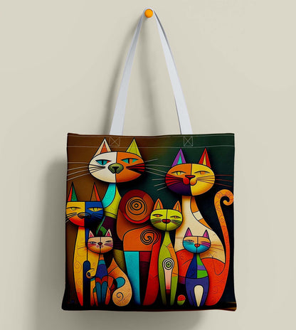 Colourful Different Cats White Printed Tote Bag (14 X 16 Inches) For Shopping, College, Travel