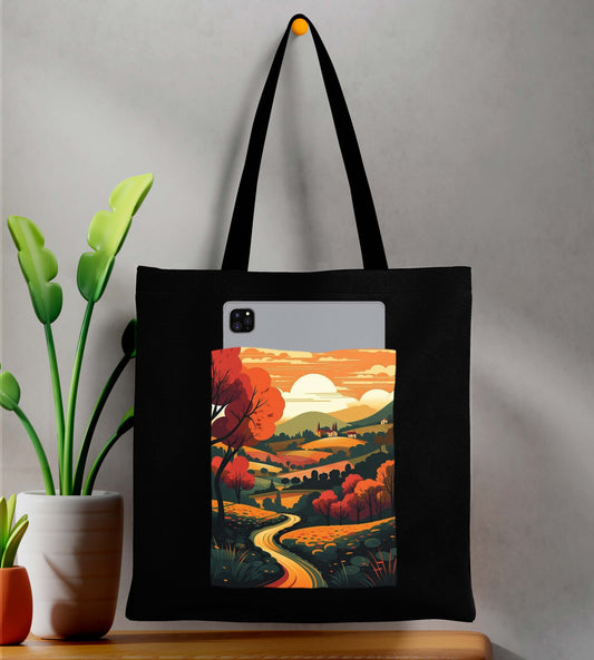 Sunset Design Printed Black With Pocket Tote Bag (14 X 16 Inches) For Shopping, College, Travel