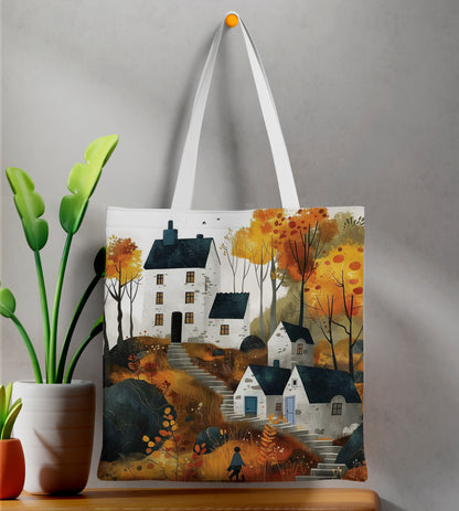 Colorful Autumn Landscape design pattern Printed Design White Tote Bag (14 X 16 Inches) For Shopping, College, Travel