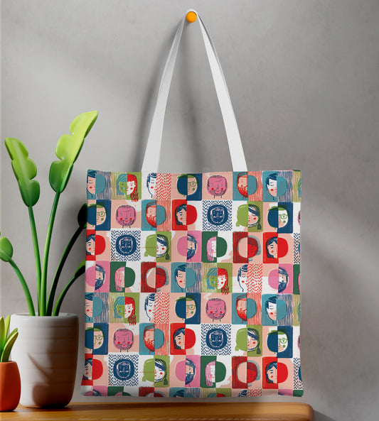 Watercolor human face seamless pattern Printed Design White Tote Bag (14 X 16 Inches) For Shopping, College, Travel