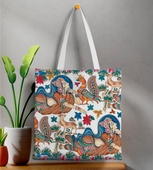 Madhubani Kalamkari Illustration Printed Design White Tote Bag (14 X 16 Inches) For Shopping, College, Travel