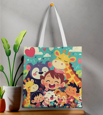 Kids Enjoying Zoo illustrated Printed Design White Tote Bag (14 X 16 Inches) For Shopping, College, Travel