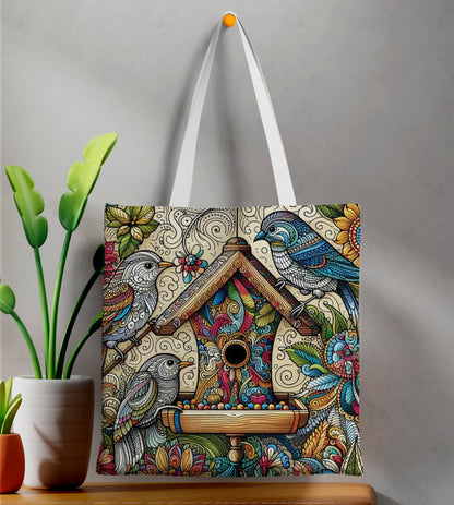 Birds and Feather madhubani art Printed Design White Tote Bag (14 X 16 Inches) For Shopping, College, Travel