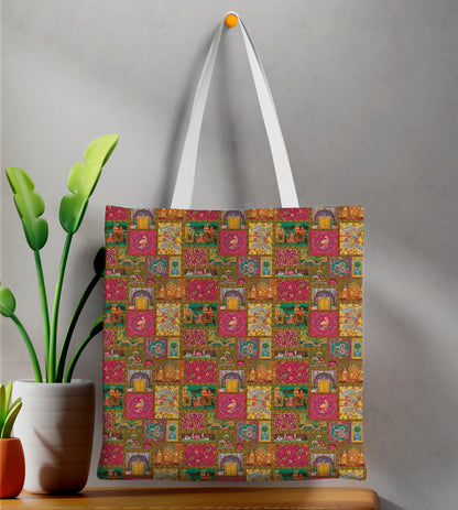Kalamkari pattern Printed Design White Tote Bag (14 X 16 Inches) For Shopping, College, Travel