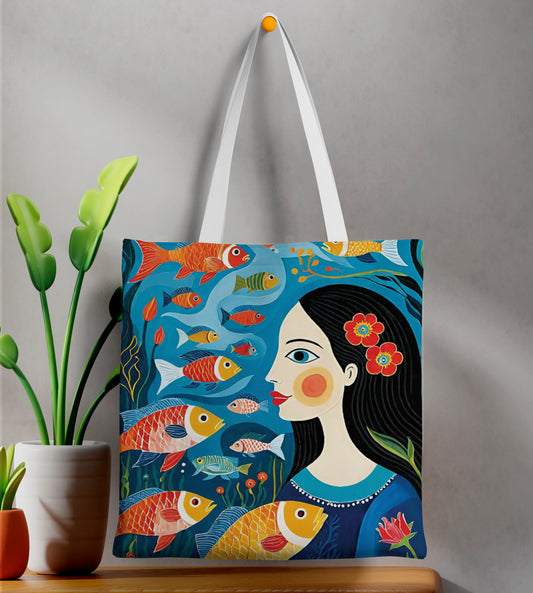 Fishes with woman Printed Design White Tote Bag (14 X 16 Inches) For Shopping, College, Travel