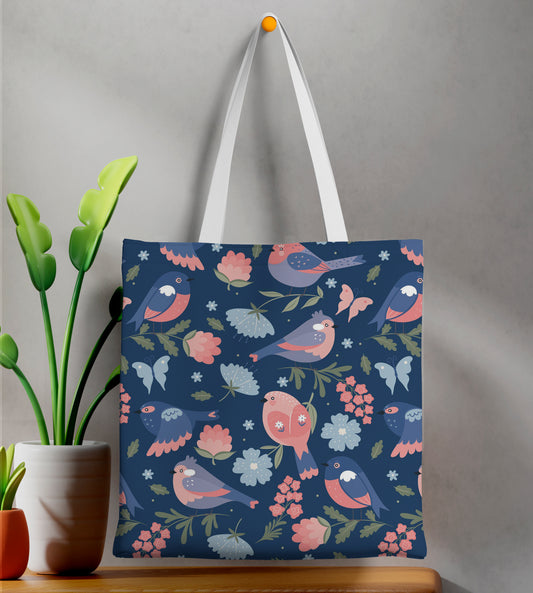 Cute Spring Birds Seamless Pattern Printed Design White Tote Bag (14 X 16 Inches) For Shopping, College, Travel