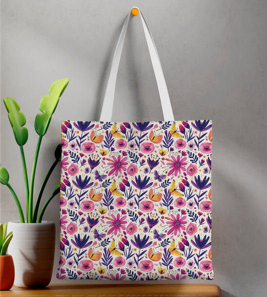 Colorful floral seamless pattern Printed Design White Tote Bag (14 X 16 Inches) For Shopping, College, Travel