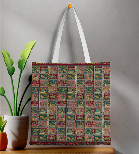 People and Animals Kalamkari pattern Printed Design White Tote Bag (14 X 16 Inches) For Shopping, College, Travel