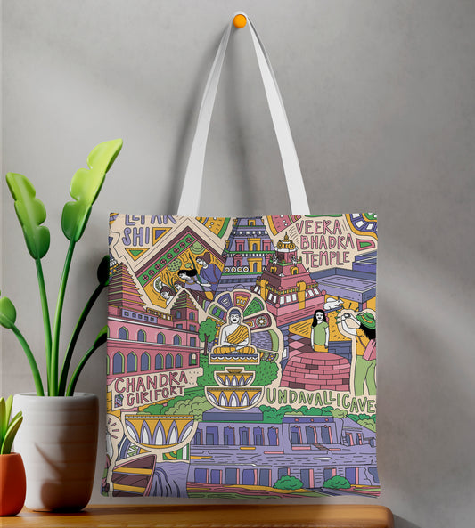 Flavours of Andhra Seamless pattern Printed Design White Tote Bag  (14 X 16 Inches) For Shopping, College, Travel