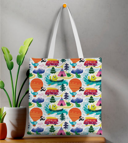 Animals explore the world seamless pattern Printed Design White Tote Bag (14 X 16 Inches) For Shopping, College, Travel