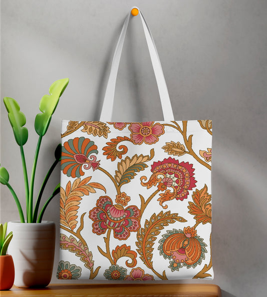 Floral art Printed Design White Tote Bag (14 X 16 Inches) For Shopping, College, Travel