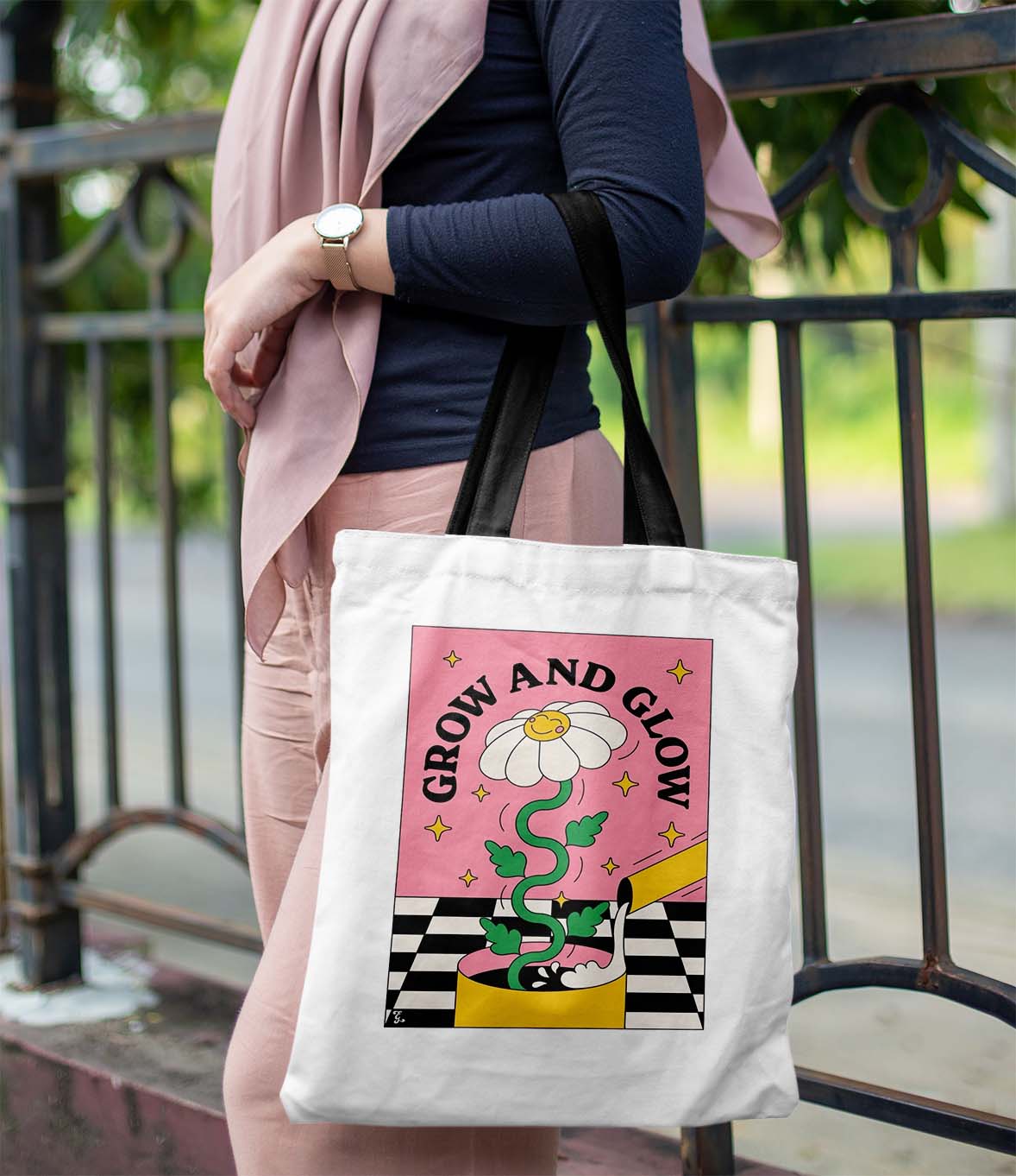 Grow and Glow  Printed Black Handle Tote Bag (14 X 16 Inches) For Shopping, College, Travel
