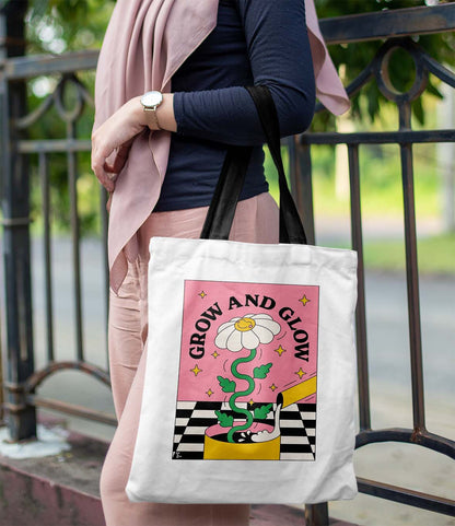 Grow and Glow  Printed Black Handle Tote Bag (14 X 16 Inches) For Shopping, College, Travel