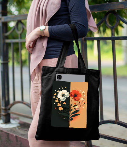 Flower Art 2 Design Printed Black With Pocket Tote Bag (14 X 16 Inches) For Shopping, College, Travel
