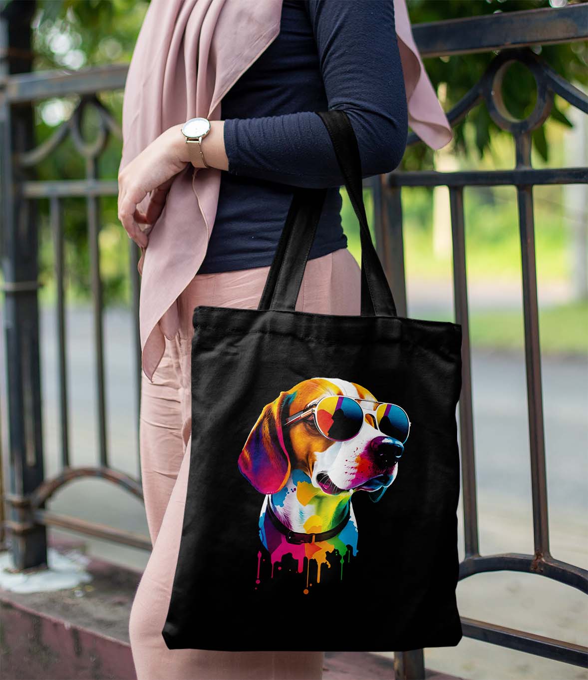 Paint Dog Printed Black Tote Bag (14 X 16 Inches) For Shopping, College, Travel