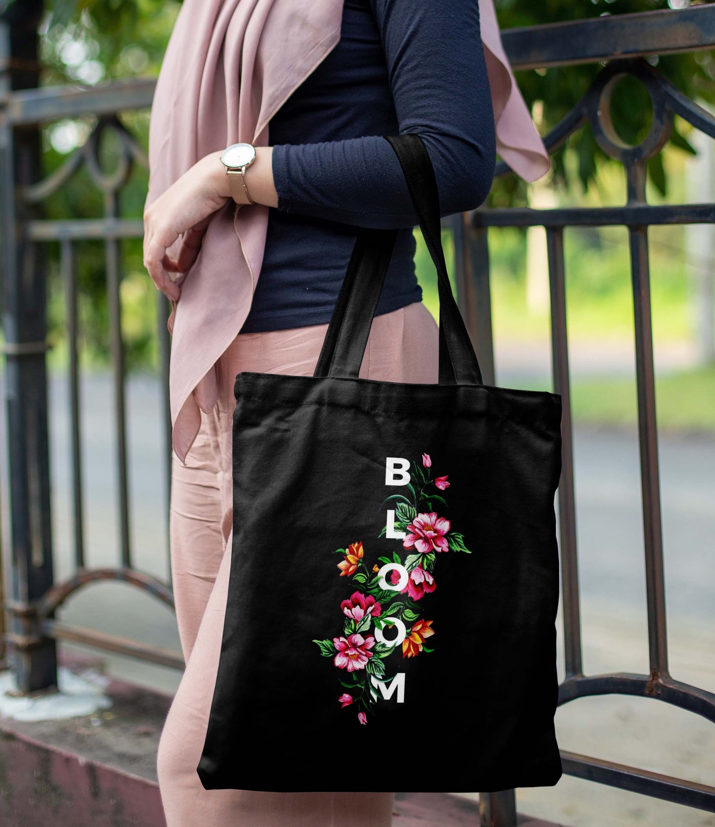Bloom Printed Black Tote Bag (14 X 16 Inches) For Shopping, College, Travel