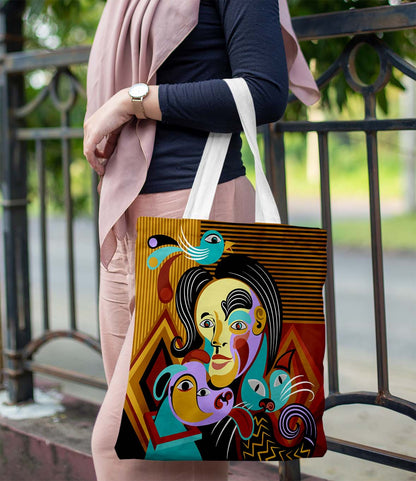 Abstract Face Printed White Tote Bag (14 X 16 Inches) For Shopping, College, Travel