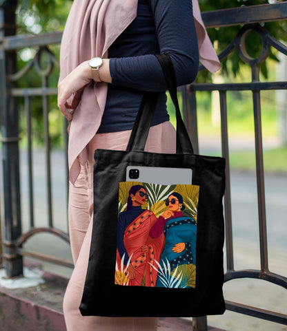 Women wearing glasses Design Printed Black With Pocket Tote Bag (14 X 16 Inches) For Shopping, College, Travel