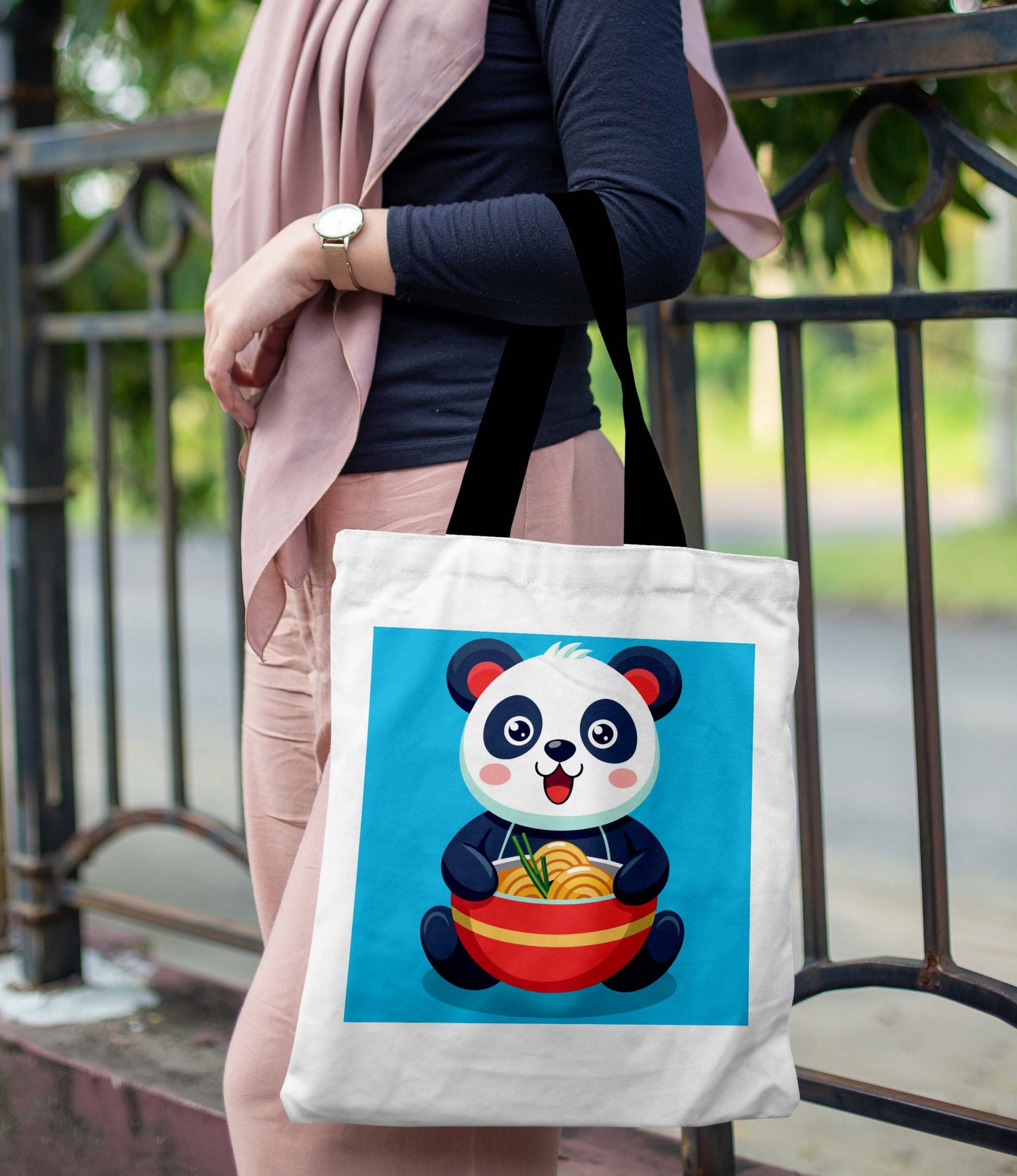 Eating Panda Printed Black Handle Tote Bag (14 X 16 Inches) For Shopping, College, Travel