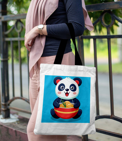 Eating Panda Printed Black Handle Tote Bag (14 X 16 Inches) For Shopping, College, Travel