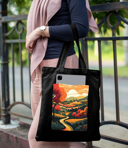 Sunset Design Printed Black With Pocket Tote Bag (14 X 16 Inches) For Shopping, College, Travel