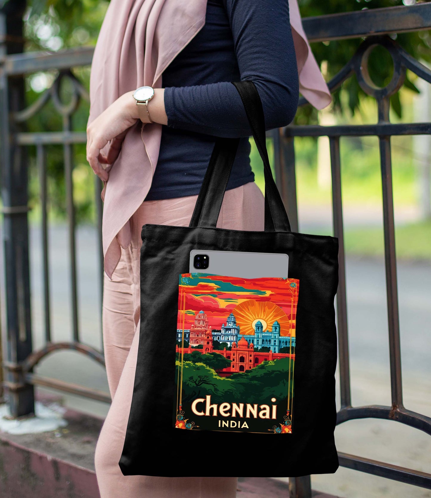 Chennai India Design Printed Black With Pocket Tote Bag (14 X 16 Inches) For Shopping, College, Travel
