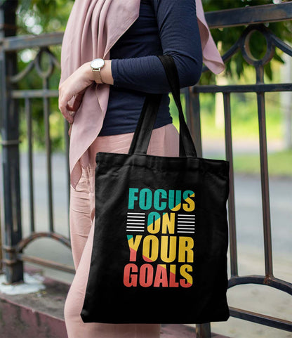 Focus On Yur Goal Printed Black Tote Bag (14 X 16 Inches) For Shopping, College, Travel