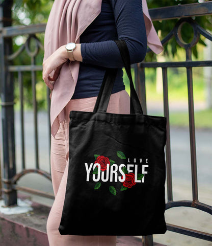Love Yourself Printed Black Tote Bag (14 X 16 Inches) For Shopping, College, Travel