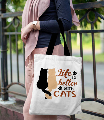 Life is Better with cats Printed Black Handle Tote Bag (14 X 16 Inches) For Shopping, College, Travel