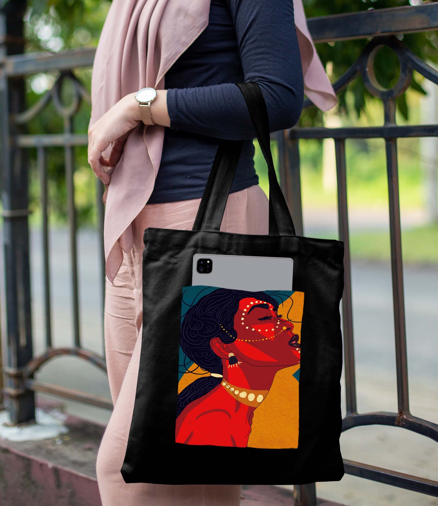Abstract Woman Design Printed Black With Pocket Tote Bag (14 X 16 Inches) For Shopping, College, Travel
