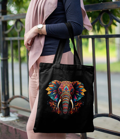 Colourful Elephant Printed Black Tote Bag (14 X 16 Inches) For Shopping, College, Travel
