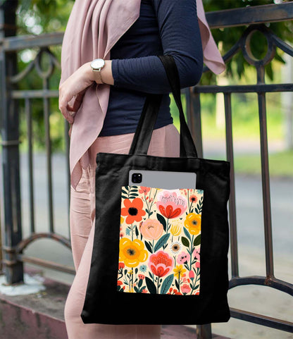 Flower Design Printed Black Patch With Pocket Tote Bag (14 X 16 Inches) For Shopping, College, Travel