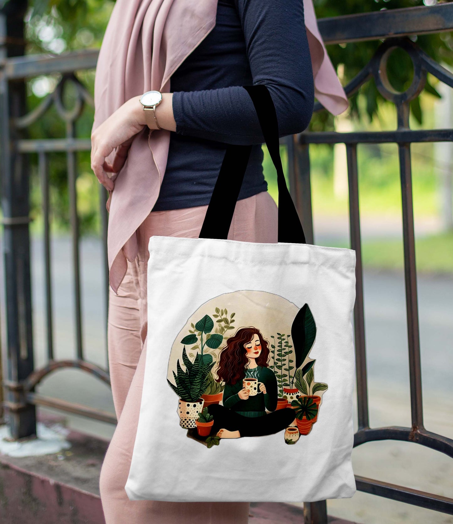 Feeling Good Printed Black Handle Tote Bag (14 X 16 Inches) For Shopping, College, Travel