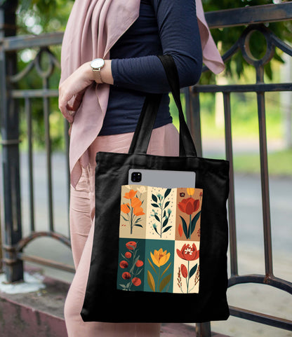 Flower art Design Printed Black With Pocket Tote Bag (14 X 16 Inches) For Shopping, College, Travel